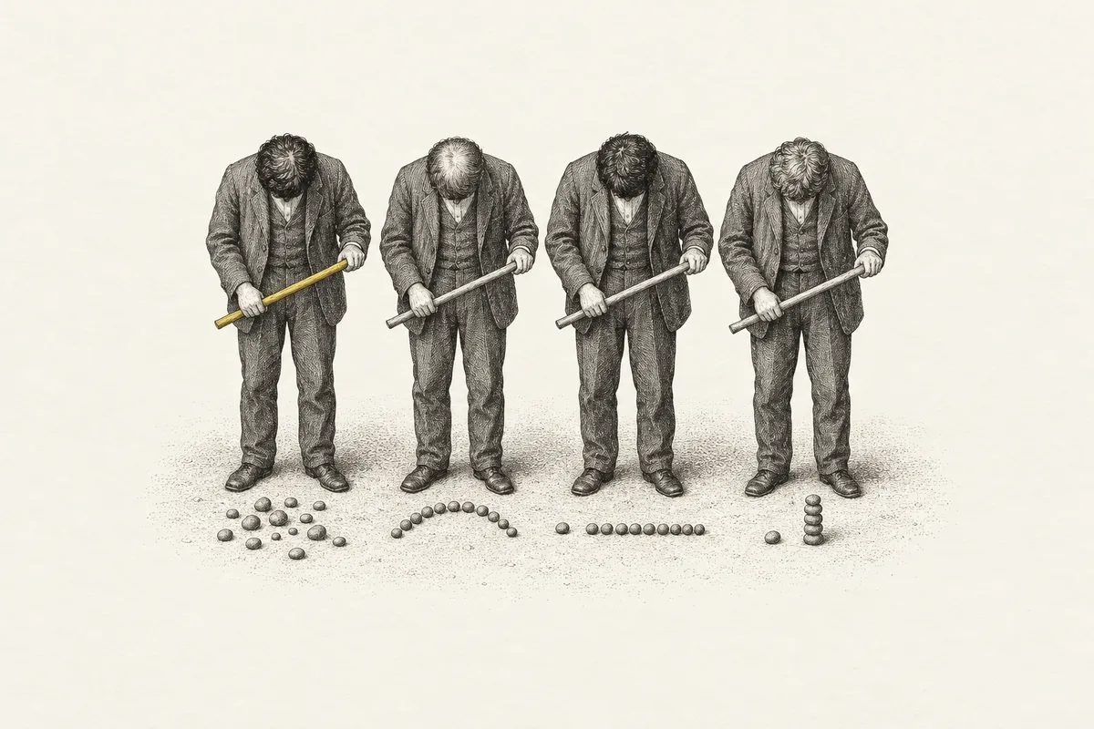 Illustration: four men stand in a row, heads bowed, each holding an identical straight rod at the same angle above a pile of pebbles laid out differently: a scatter, an arch, a row with one stray, and a column with one apart.