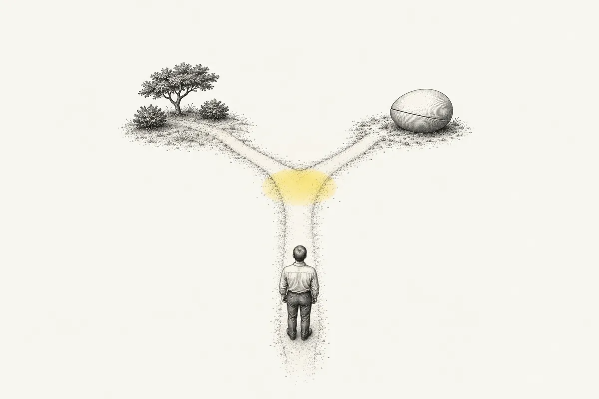 Illustration: seen from above, a man stands on a path that forks ahead of him; one branch leads to an open meadow with a small tree, the other to a plain closed oval pod.
