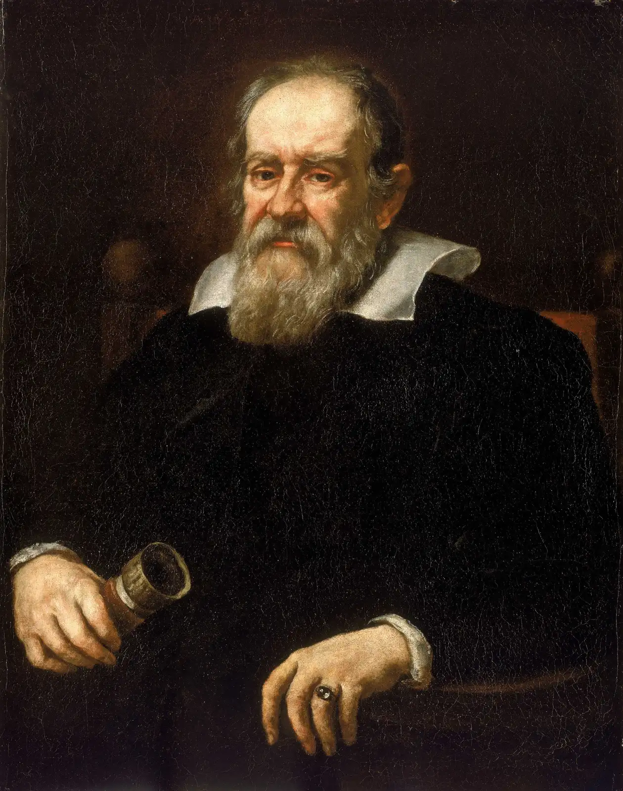 Oil portrait of an old man with a white beard and a broad white collar, dressed in black and seated, holding a telescope in his right hand; a ring on his left hand rests on the arm of the chair.
