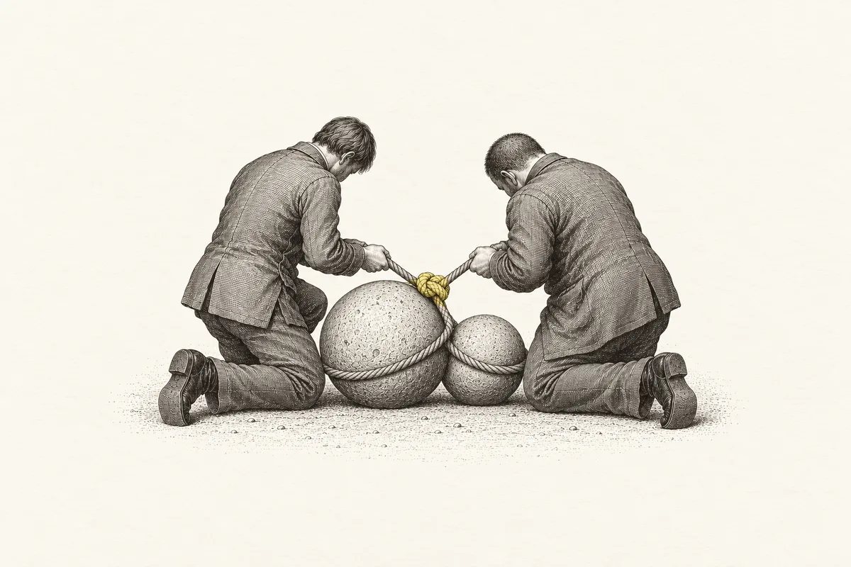 Illustration: two men kneel on open ground on either side of a large stone ball and a small one, pulling tight the rope that ties the two stones together.