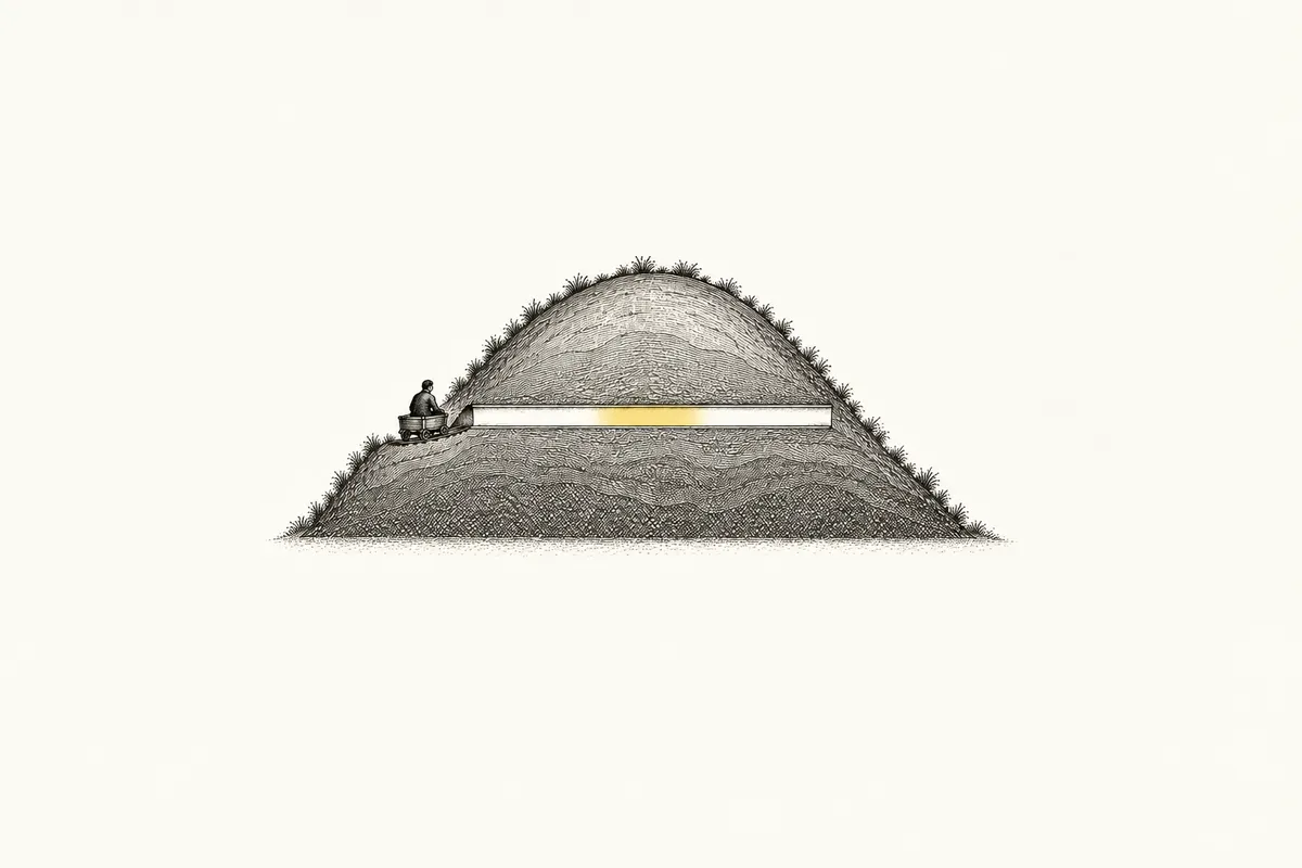 Illustration: a cutaway of a rounded hill with one straight, level tunnel running through it, the earth above thickest at the middle; a man sits in a small open car with no engine at the left-hand mouth.