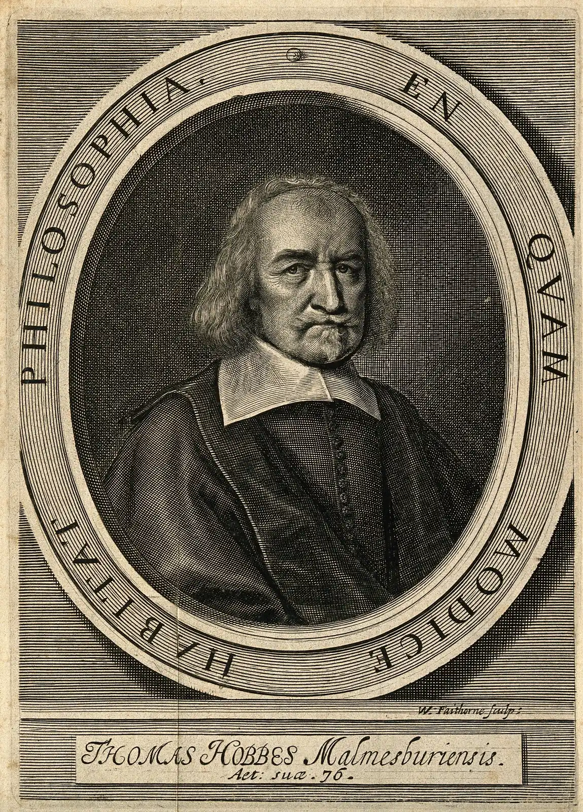 Engraved portrait of Thomas Hobbes in old age inside an oval frame lettered in Latin, signed “W. Faithorne sculp.” and titled “Thomas Hobbes Malmesburiensis, Aet. suae 76.”