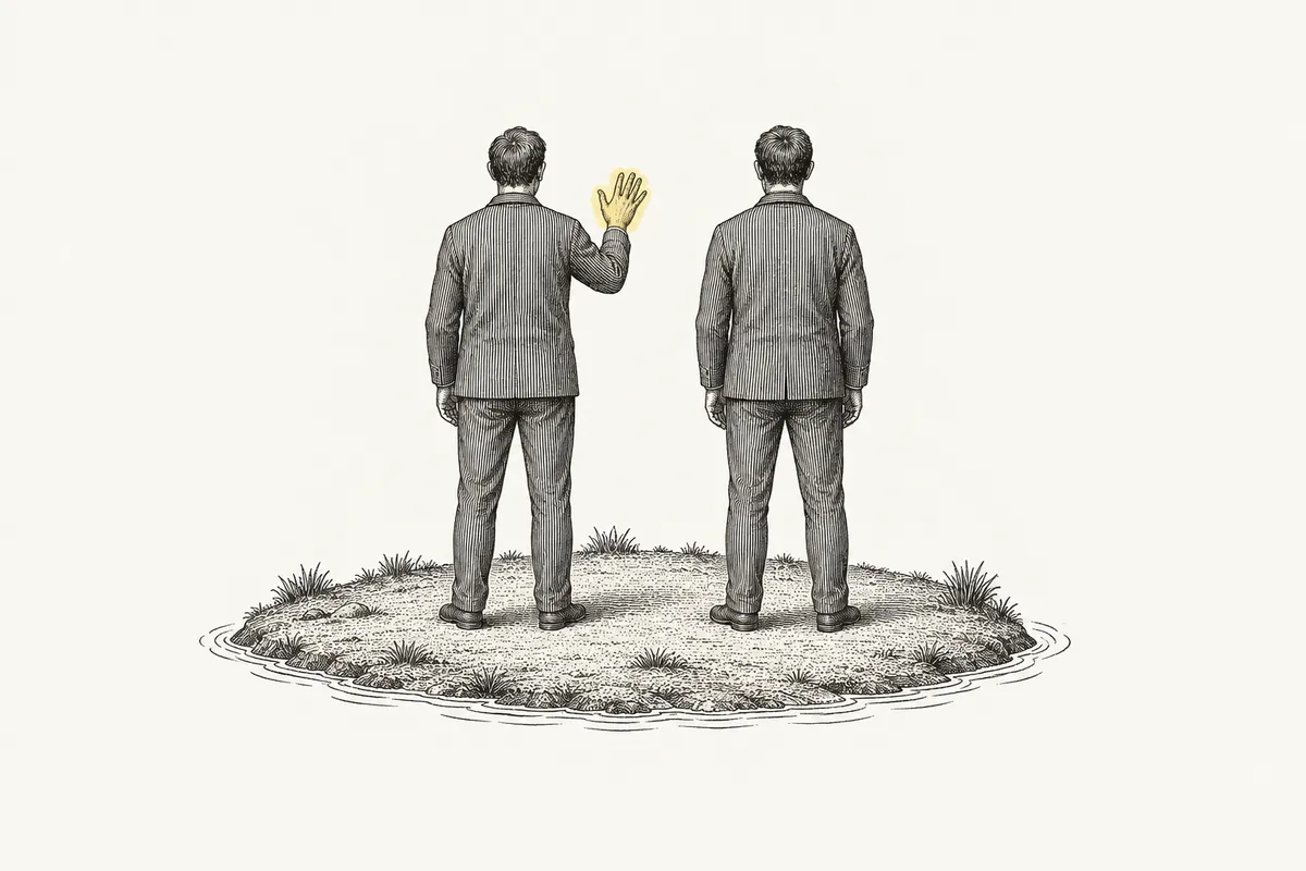 Illustration: two men in matching grey suits stand on a small island, seen from behind; one raises an open hand as if speaking while the other stands silent with his arms at his sides.