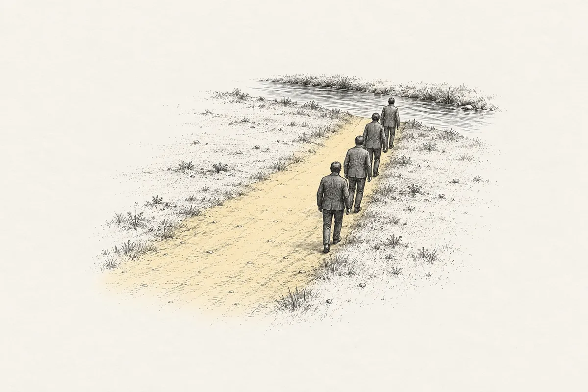 Illustration: four men walk in single file toward a narrow river along the edge of a trodden track worn far wider than four walkers could make.