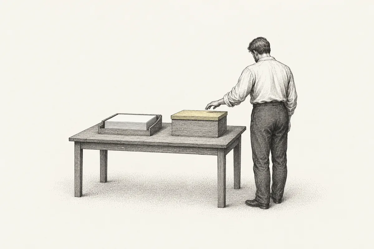 Illustration: a man at a low table holds his hand above a closed box, next to an open tray stacked with blank slips; he has not touched either.
