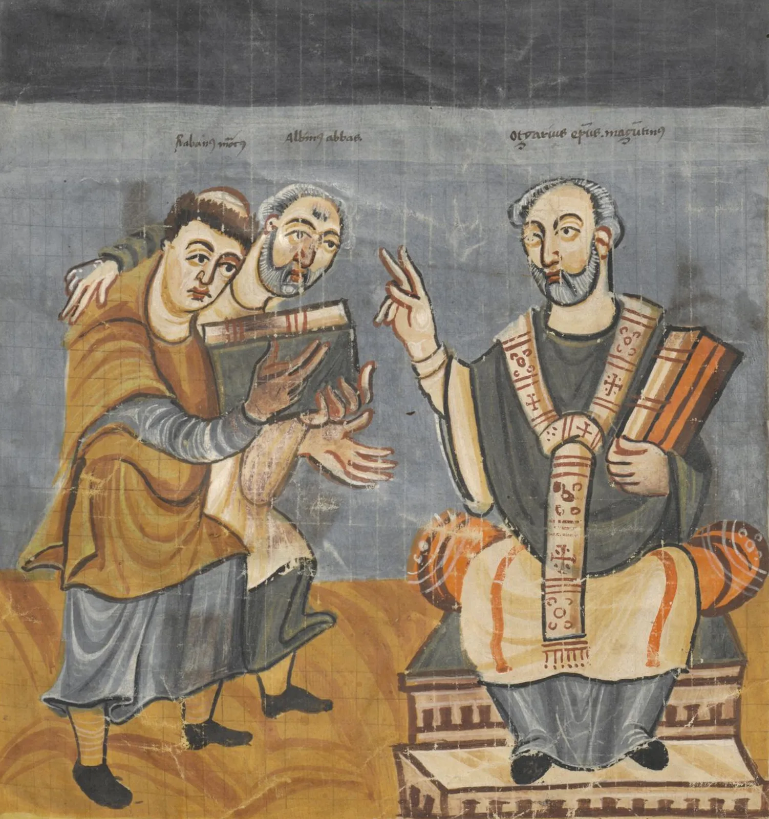 Painted manuscript page. On the left, a younger tonsured monk and an older bearded man labelled Albinus stand together, holding a book; on the right, a seated bishop labelled Otgarius raises his hand. Latin name labels above each figure.