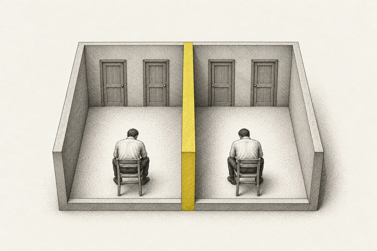 Illustration: seen from above, two men sit in two small bare rooms split by a thick wall, unable to see each other; each faces the same pair of closed doors.
