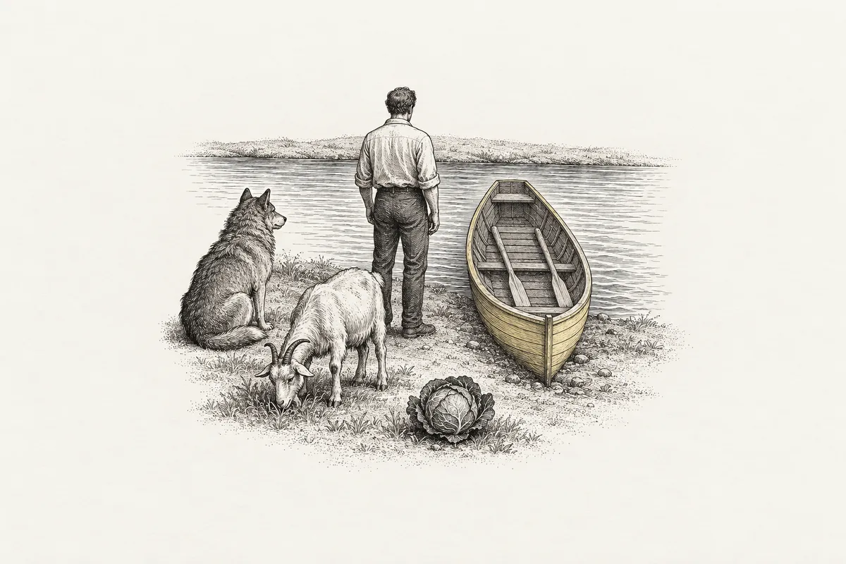 Illustration: a man stands on a riverbank beside a small empty rowing boat, with a wolf, a goat and a cabbage waiting near him; the far bank is empty.