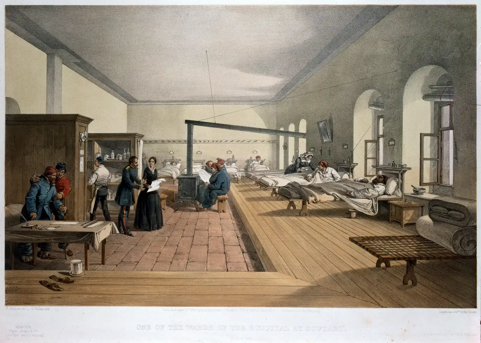 Tinted lithograph of a long hospital ward at Scutari: beds along a plank floor at right, a stove and pipe in the centre, cupboards of bottles at left, a woman in a dark dress and an officer reading papers, patients sitting and lying.