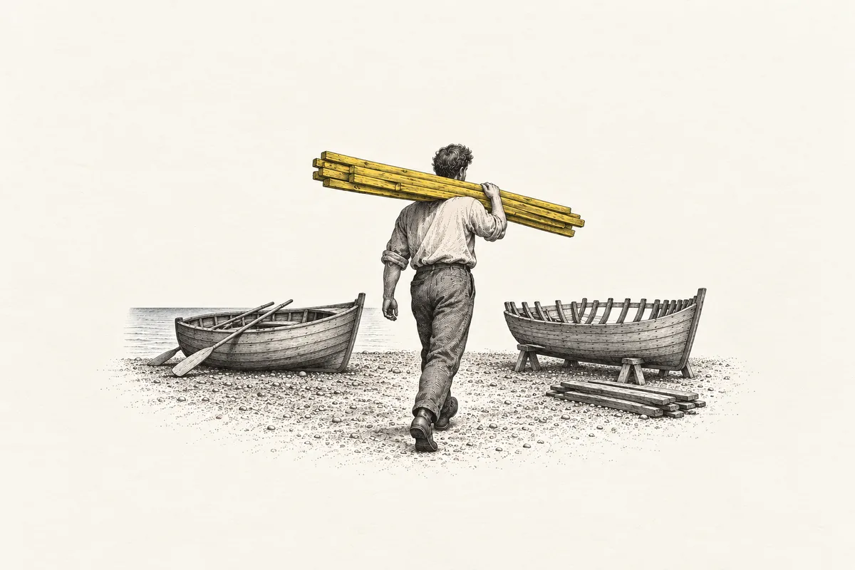 Illustration: a man carries old planks on his shoulder from a short oared boat on the shore toward a second boat of the same shape, half rebuilt on trestles.