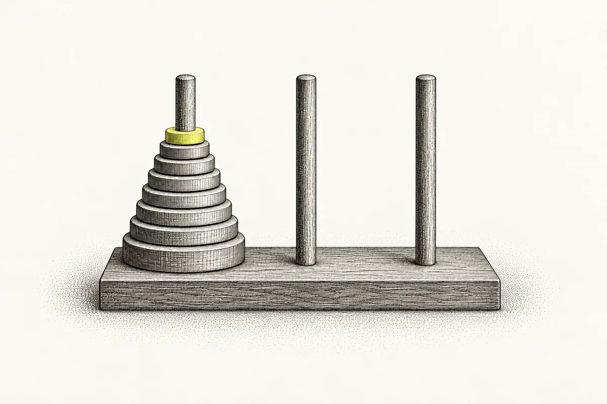 Illustration: a wooden Tower of Hanoi on a small board, eight discs stacked on the first of three pegs with the largest at the bottom; the two other pegs stand empty.