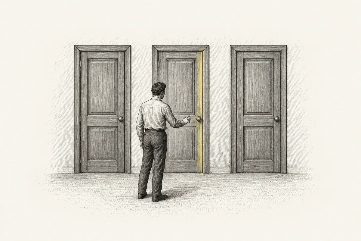 Illustration: a man stands before three identical closed doors set in a plain wall, seen from behind, one hand raised toward the middle door without touching it.