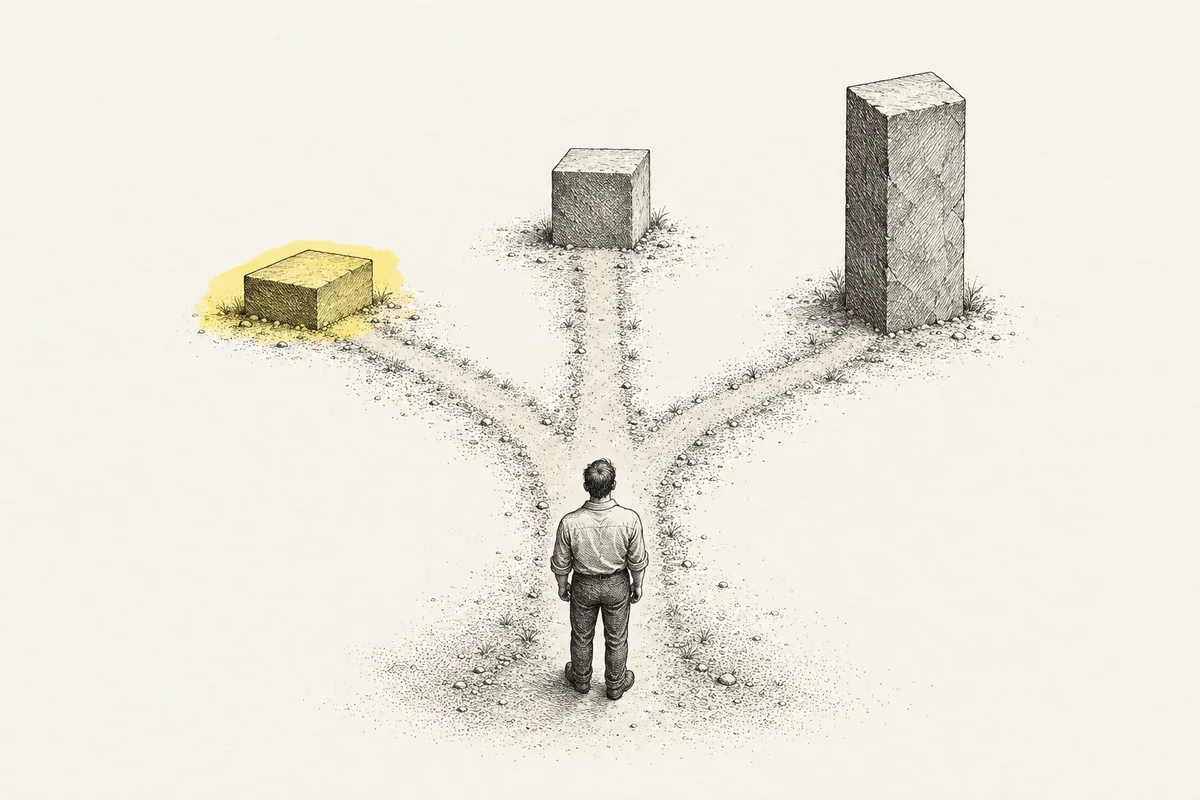 Illustration: seen from above and behind, a man stands where a path splits three ways, each branch ending at a stone block: a low one, a middle one and a tall one.
